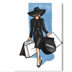 a woman in a black dress and hat carrying shopping bags