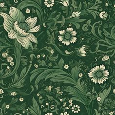 a green and white floral wallpaper with lots of flowers on the top of it