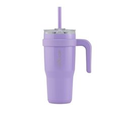 a purple cup with a straw in it