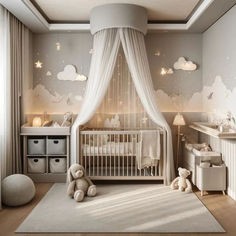 a baby's room decorated in neutral colors