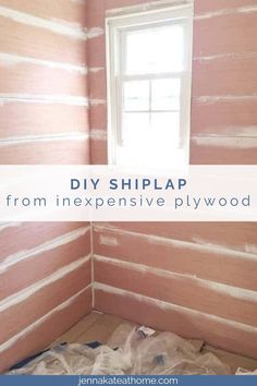 the inside of a room painted pink and white with text overlay that reads diy shiplap from expensive plywood