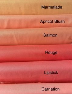 the names of different colors and sizes of sheets on top of each other, including peach, apricot, blush, salmon, and lipstick