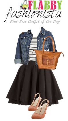 I am completely in love with this darling Plus SIze Outfit of the Day! Denim Flares, Black Skirt, Curvy Fashion, Striped Shirt