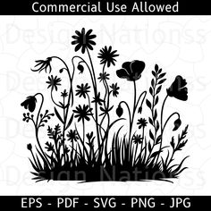 the silhouettes of flowers and grass are shown in black on a white background, with text