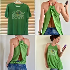 four different pictures of a woman wearing a green shirt with the words slow down on it