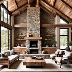 a living room filled with furniture and a stone fireplace