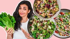 a woman is holding some lettuce in front of three plates with salads on them