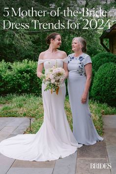 two brides standing next to each other in front of trees and bushes with the title 5 mother of the bride dress trend for 2012