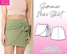 a women's mini skirt sewing pattern with the front tied up and side tie at the waist