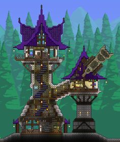 an old pixel art style building in the middle of a forest