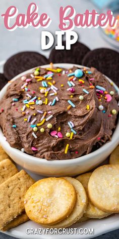 chocolate cake batter dip with sprinkles and crackers