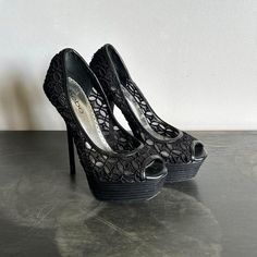 Y2k Bebe stiletto heels black lace high heel pumps peep toe heels Size: 8 1/2 Great condition Brand: Bebe Perfect for y2k/2000s, mcbling, going out, party outfits 2010 Heels, Going Out Party Outfits, Baddie Glasses, 2000s Heels, Y2k Heels, Rock Star Outfit, Cute Pumps, Lace High Heels, 2000s Mcbling