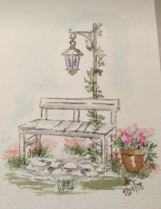 a drawing of a bench with flowers and a lamp post in the background, watercolor on paper