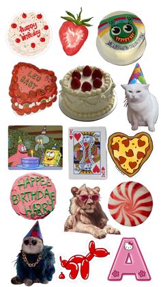 the birthday cake is surrounded by many different items