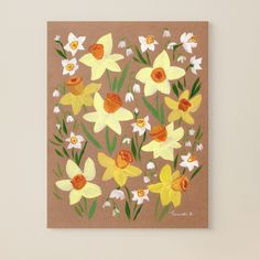 a painting of yellow and white flowers on brown paper