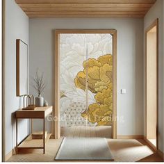 a room with a door that has flowers painted on the glass and wood trimmings