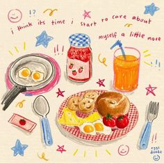 a drawing of breakfast on a plate with fruit and juice, including eggs, toast, jam, and strawberries