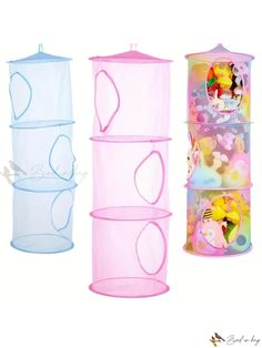 three different types of storage baskets in various colors and sizes, one for children's toys