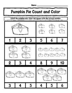 the worksheet for pumpkin pie count and color is shown in black and white