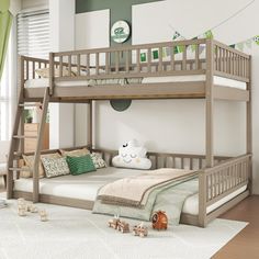 a wooden bunk bed sitting in a bedroom next to a white rug and green curtains