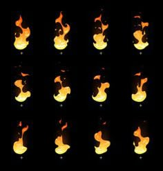 a set of fire flames with different shapes and sizes in the dark, on a black background