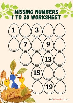 the missing numbers to 20 worksheet is shown with an image of two birds