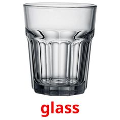 an empty glass is shown with the word glass in red and white lettering below it