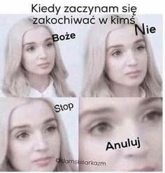 four different pictures of the same woman's face with words above them that say stop