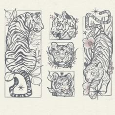 some drawings of tigers and other animals in different positions with flowers on their backs, sitting next to each other