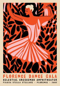 an orange and black poster with a woman dancing