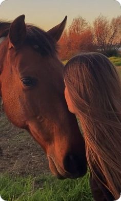 a woman standing next to a brown horse on top of a lush green field at sunset