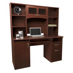 a computer desk with a laptop on top of it and an open bookcase behind it