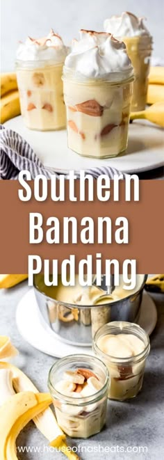 banana pudding with whipped cream on top and bananas around the edges in small glass dishes