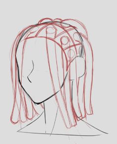 a drawing of a woman's head with red lines on the side and long hair