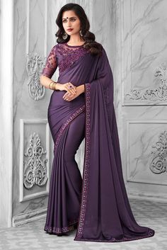 Scalloped Saree, Blue Skirt Outfits, Engagement Saree, Bridal Sarees South Indian, Indian Sari Dress, Fancy Saree, Purple Saree, Sequins Fabric