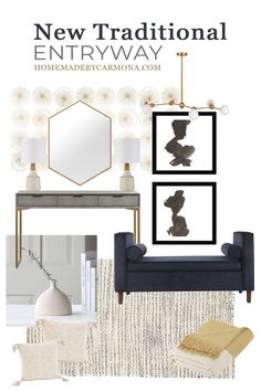 the new traditional entryway design board is shown in black and white with gold accents