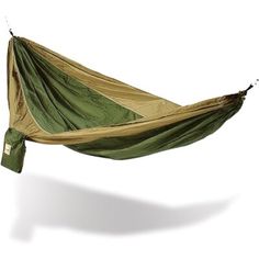 a green and tan hammock hanging upside down