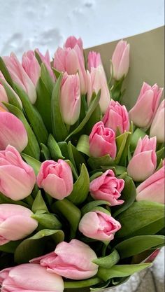 a bouquet of pink tulips in a vase