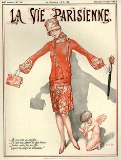 an old fashion magazine cover with a woman in red