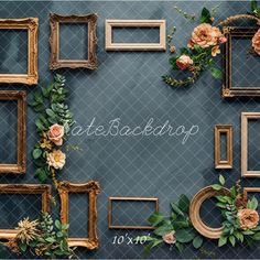 an arrangement of frames with flowers and greenery