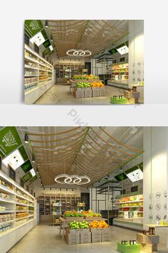 two pictures show the inside of a store with shelves and food in them, one is empty