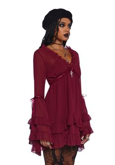 Be heavenly in this chiffon mini dress which has tiered bell sleeves, interlocking ribbon detailing, a ruffled trim, a plunging neckline, a cross charm on the front, and a tiered skirt. Dress With Bell Sleeves, Chiffon Mini Dress, Bell Sleeve Dress, Red Mini Dress, Cross Charms, Tiered Skirt, Plunging Neckline, Gothic Fashion, Dolls Kill