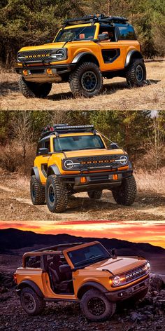 four different colored trucks parked in the desert