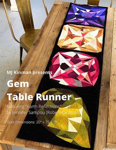 the table runner is made up of different shapes and sizes, along with text that reads my kiman presents gem table runner featuring earth reflections