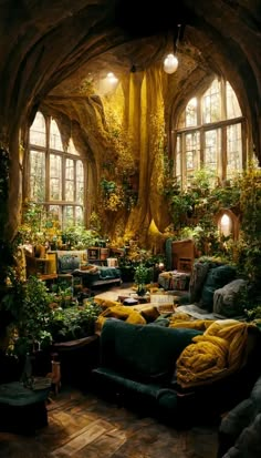 a living room filled with lots of green furniture and trees growing in the windows above