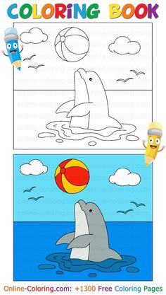 the coloring book for children with dolphin and ball in water, on top of an ocean scene