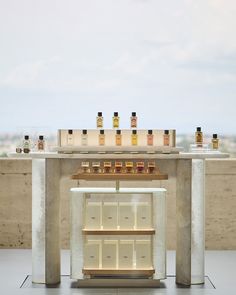 a counter with several bottles on top of it