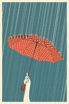 a person holding an umbrella in the rain with polka dots on it, against a blue background