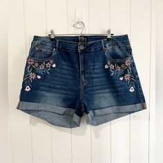 Bloomchic Nwt Embroidered Denim Jean Shorts Size 22 Cuffed Embroidered Dark Wash Bottoms For Summer, Dark Wash Embroidered Bottoms For Summer, Embroidered Medium Wash Denim Jean Shorts, Blue Floral Embroidered Cutoff Jean Shorts, Blue Cutoff Jean Shorts With Floral Embroidery, Embroidered Cutoff Shorts For Summer, Embroidered Denim Jean Shorts In Blue, Blue Floral Embroidery Cutoff Jean Shorts, Embroidered Medium Wash Denim Shorts