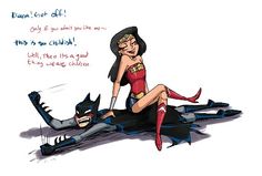 a drawing of a woman sitting on the ground next to a batgirl and catwoman